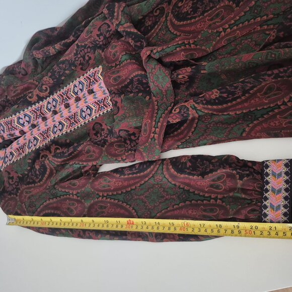 ZARA Jacquard Ribbon Dress , Long Sleeve Midi, Deep Green & Burgundy , Boho XS - Picture 15 of 15